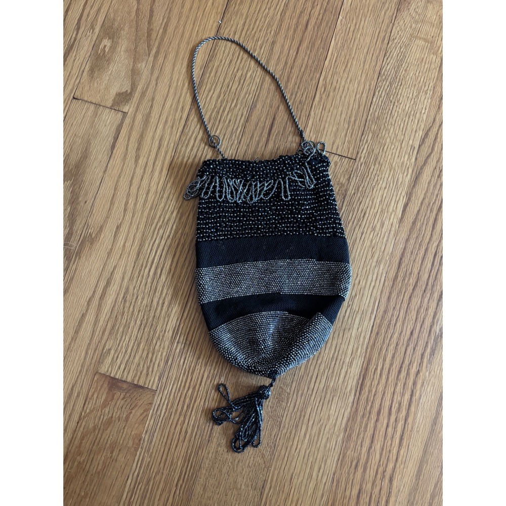 Vintage Black Silver Steel Beaded Reticule Pouch Bag Tassel Flapper 1920s Style
